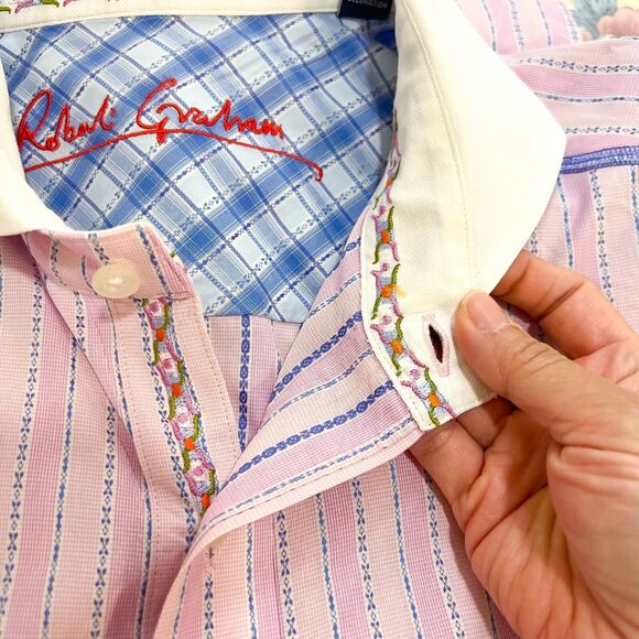 ROBERT GRAHAM Sz L Embroidered Pink Stripe Shirt Cuff Knowledge Wisdom Truth EUC - Picture 6 of 14